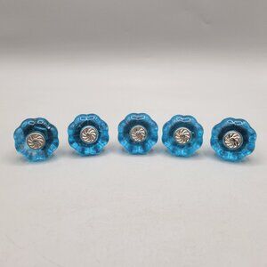 Vintage Laurey Blue Acrylic Flower Shaped Cabinet Knobs Silver Tone Hardware